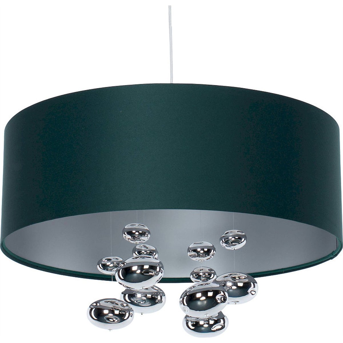 Suspension ronde en tissu avec boules argentées Bubble Light vert bouteille satin et argent mat, BPS KONCEPT