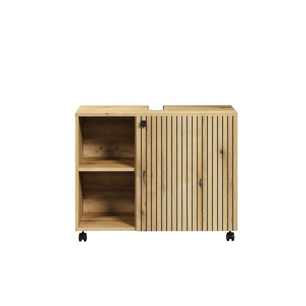 Meuble sous vasque sur roulettes 1 porte et 2 niches L80 cm - PUREBLISS chêne blond et noir mat, CALICOSY