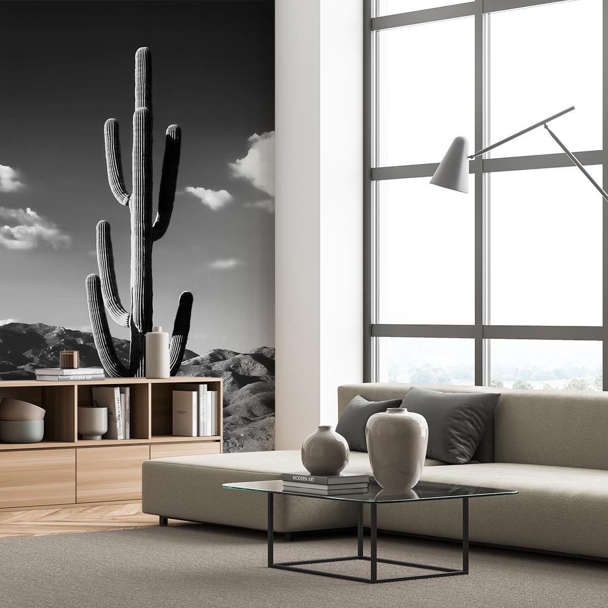Papier peint jungle cactus desert n&b intissé, HEXOA