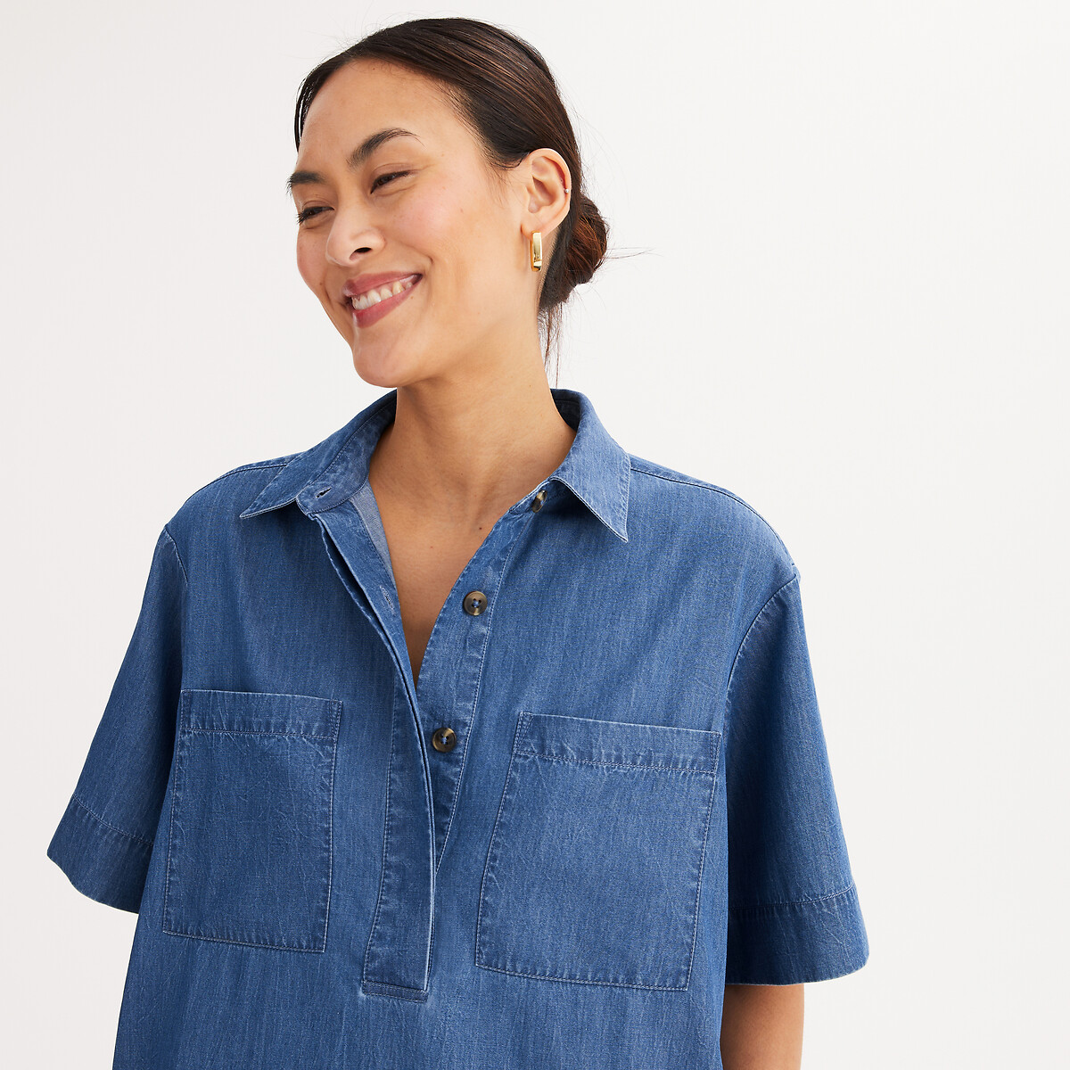 Robe droite, longueur genou, manches courtes, en denim light denim stone, ANNE WEYBURN