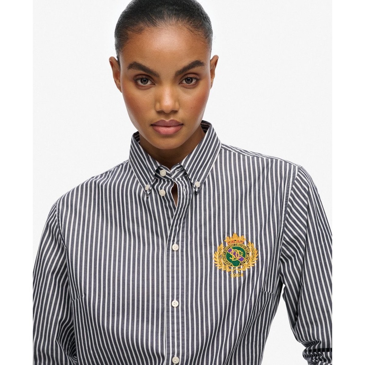 Chemise à manches longues en popeline slim Crest rayé bleu marine/blanc, SUPERDRY