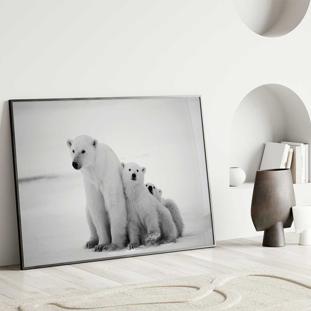 Affiche encadrée ours polaires en noir et blanc affiche + cadre en métal - noir, HEXOA