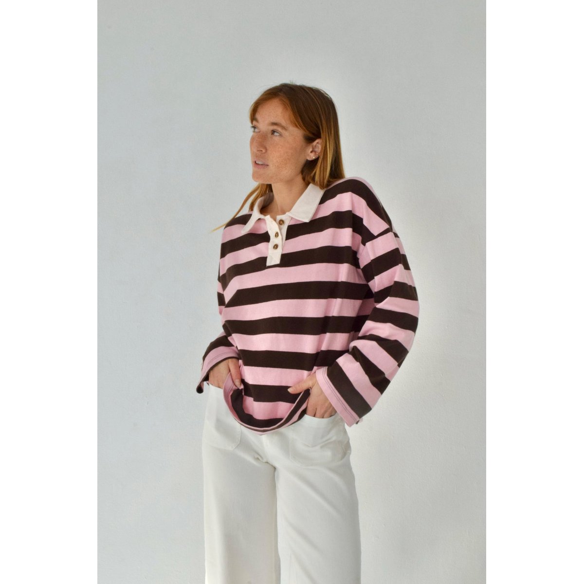 Polo rayé manches longues FILIPA marron / rose, MINDTRAVELER