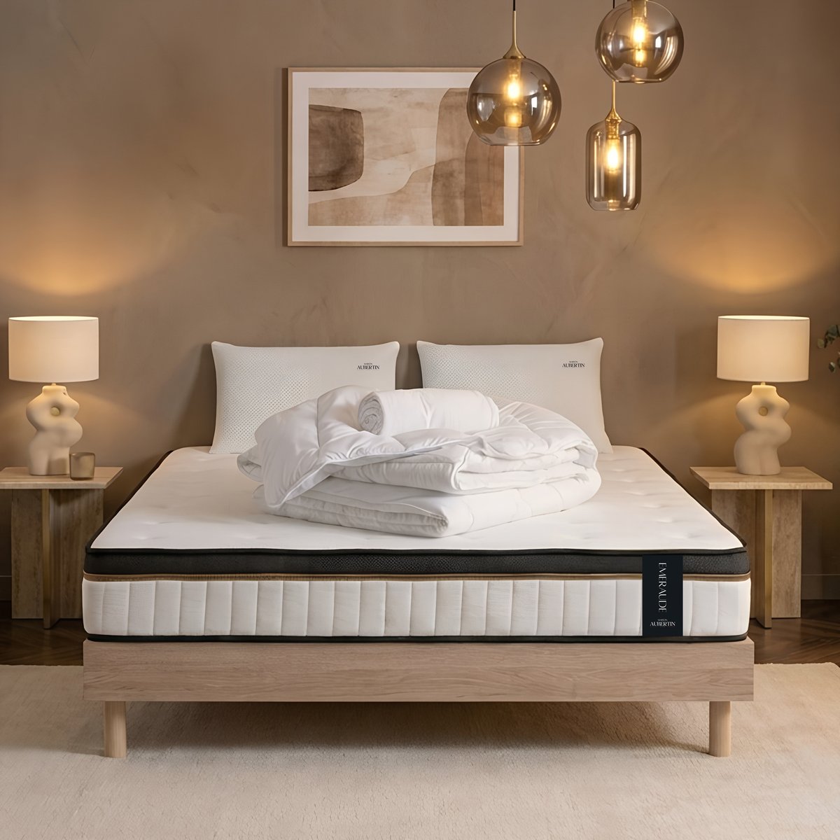 Ensemble literie EMERAUDE + accessoires - 24 cm d'épaisseur - Accueil moelleux, soutien mi-ferme blanc, MAISON AUBERTIN