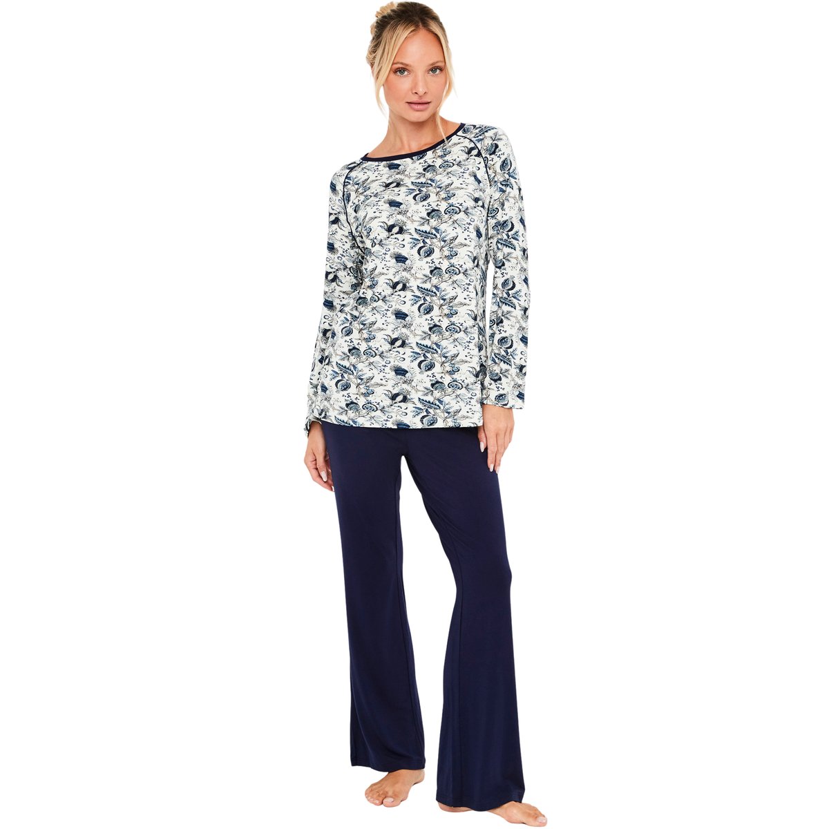 Pyjama pantalon évasé top manches longues Chic Bamboo bleu, SELMARK