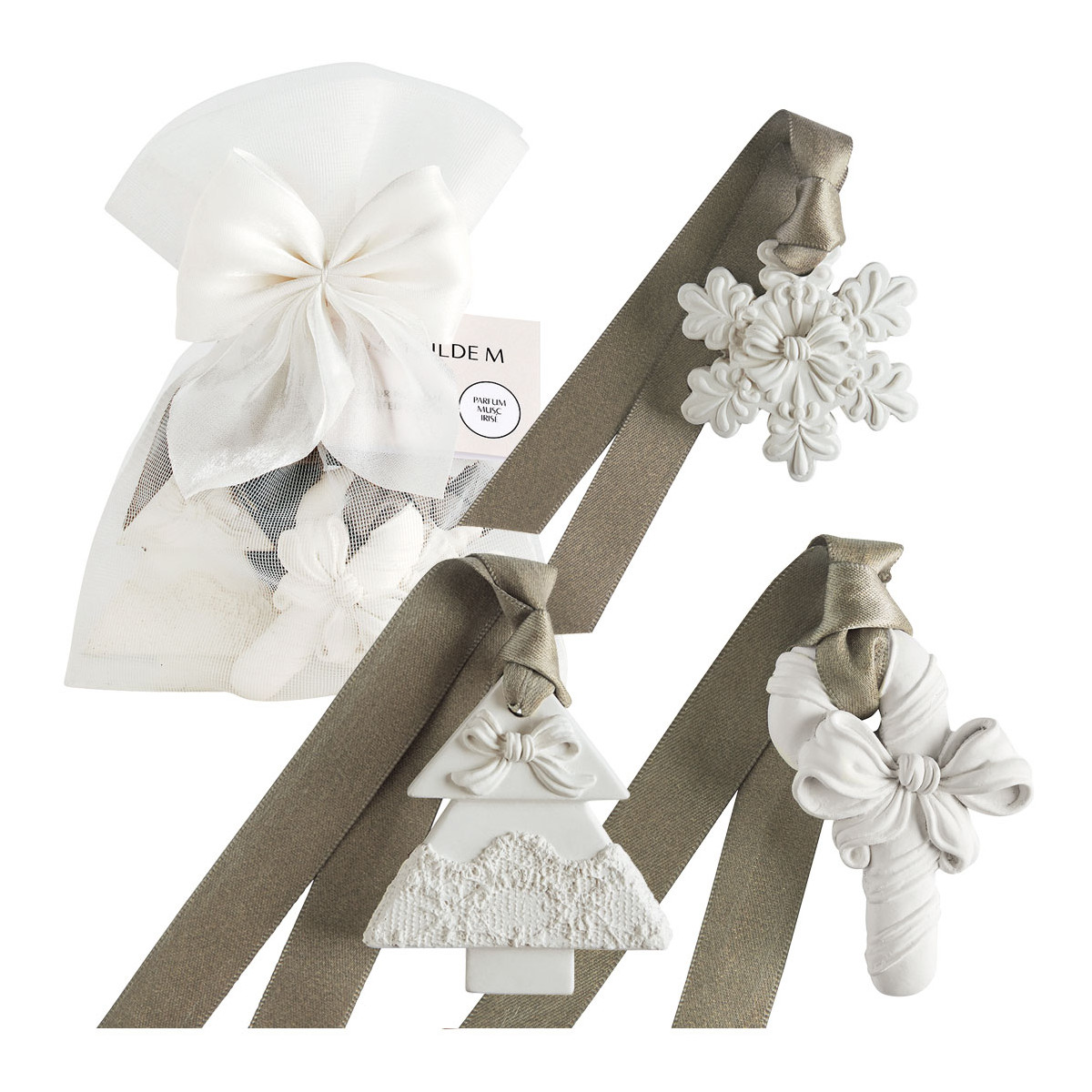 Pochon 3 décors parfumés Musc Irisé RUBANS DE FÊTE blanc, MATHILDE M