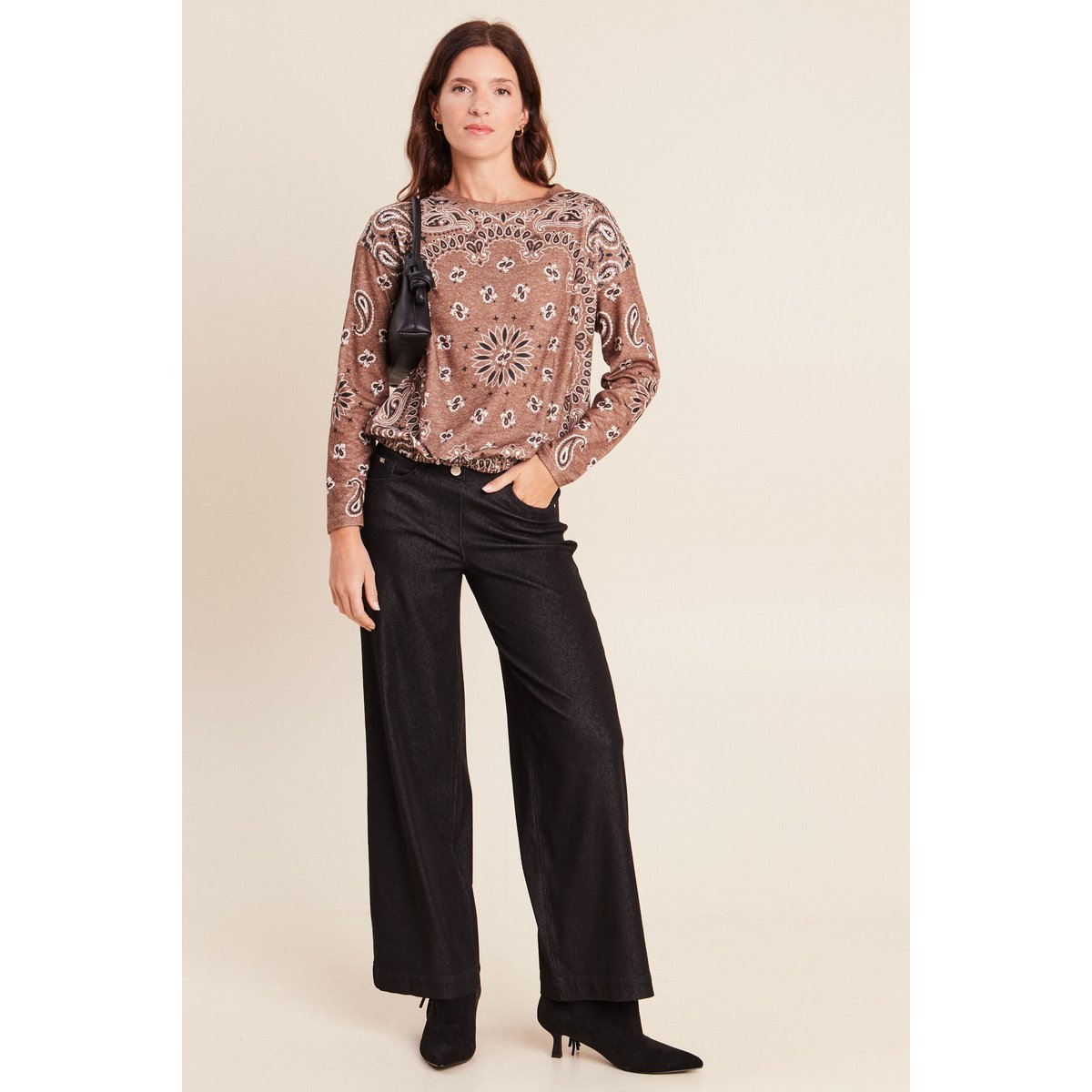 Pull col rond manches longues strass marron, BREAL