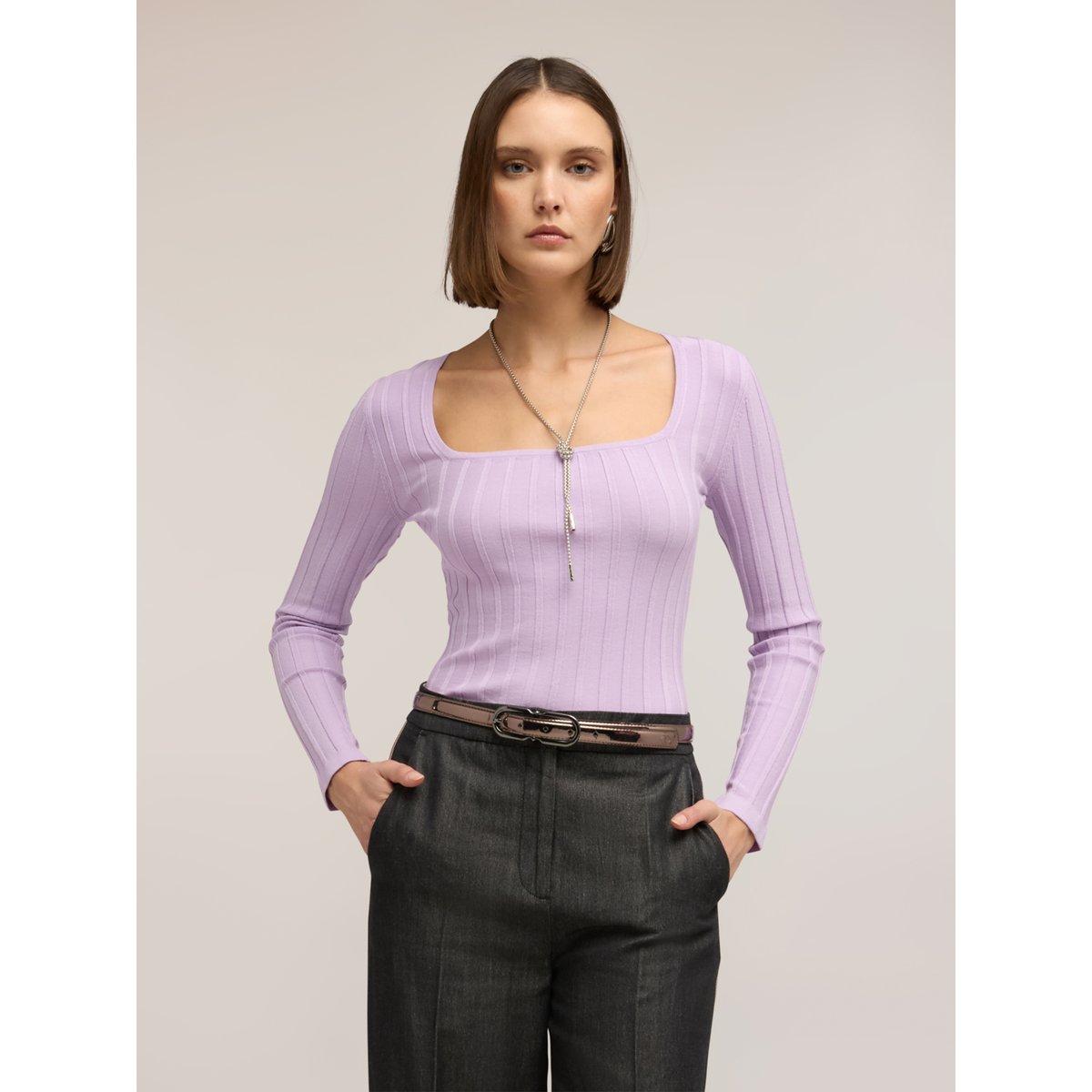 Pull côtelé à encolure carrée violet, MOTIVI