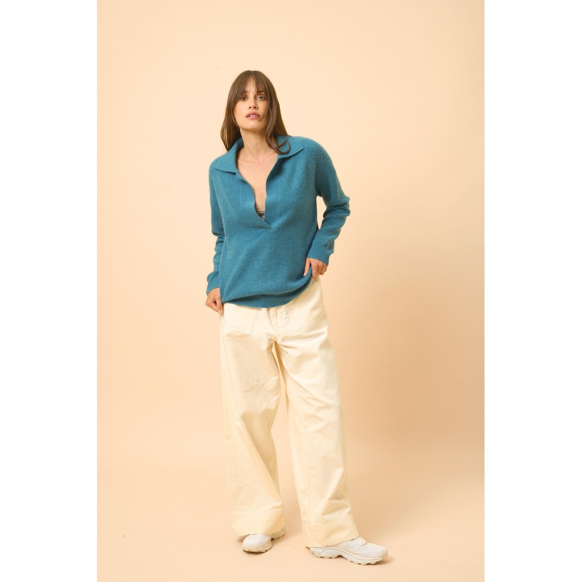 Polo Col V Croisé Manches Longues Canard Chiné Garcia bleu foncé, JUST CASHMERE