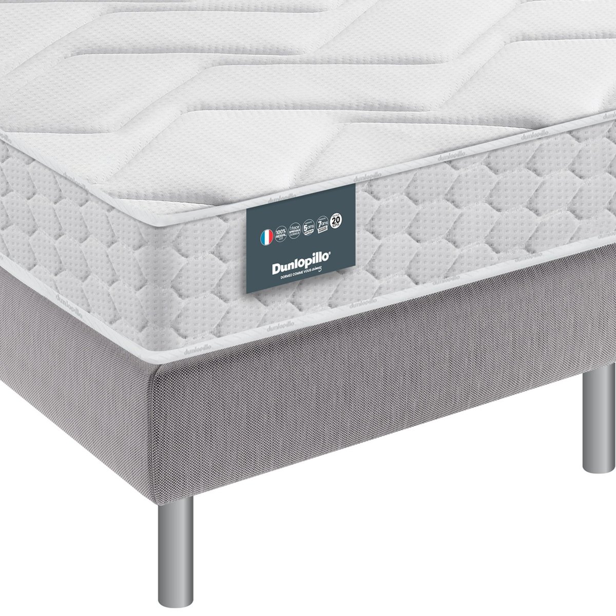 Matelas Aérial® 20cm, sommier pieds JONQUILLE blanc, DUNLOPILLO