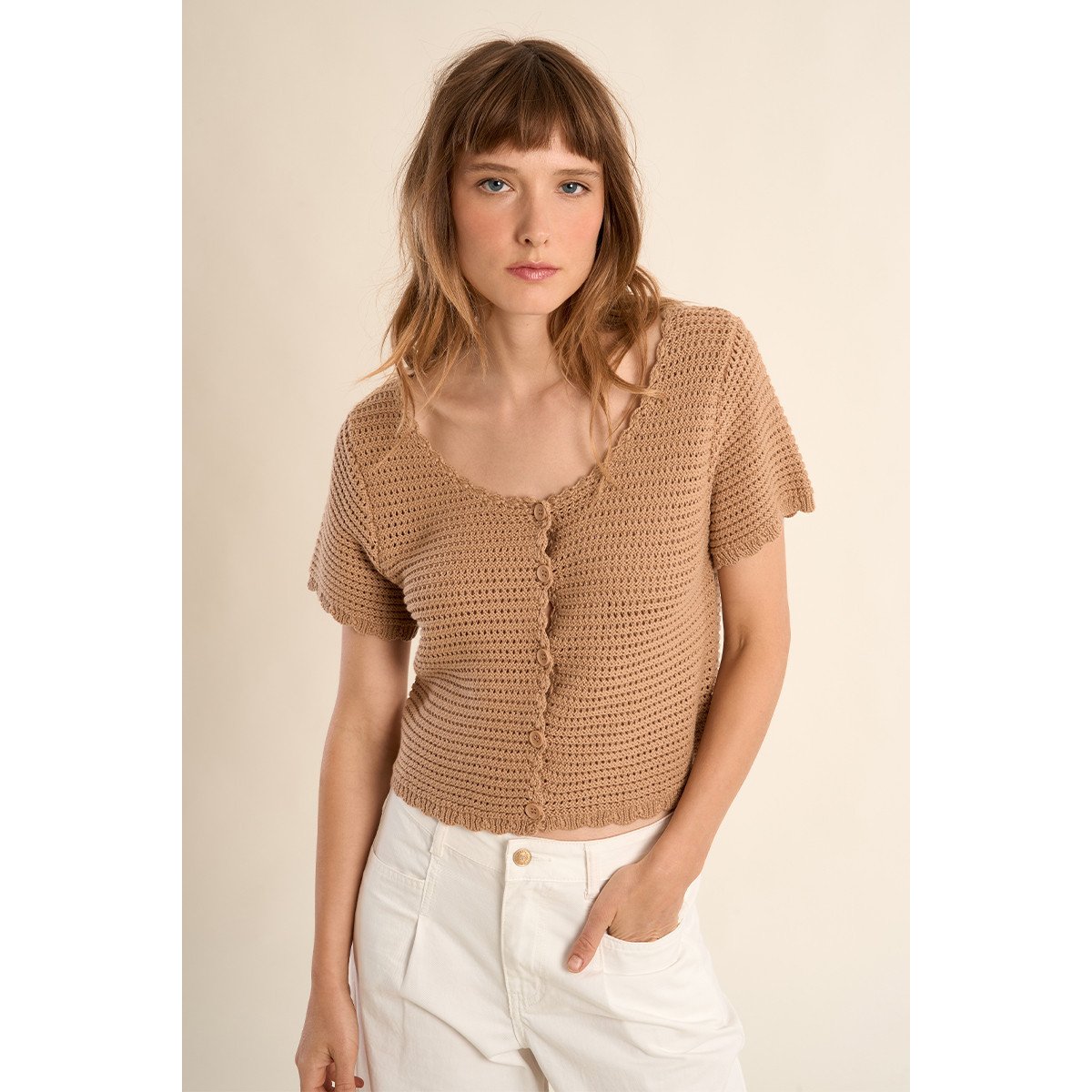 Gilet en maille crochet beige, MOLLY BRACKEN
