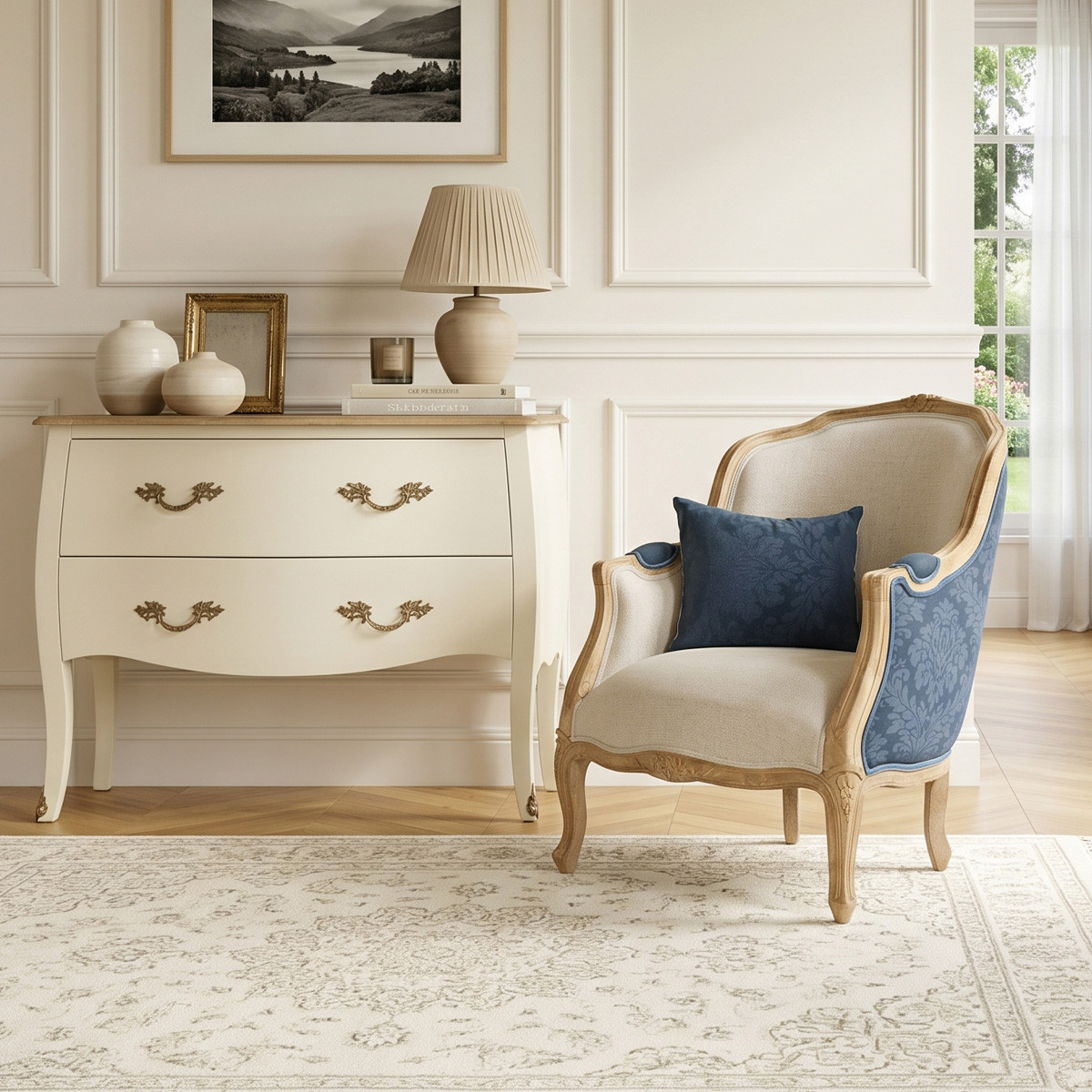 Fauteuil bergère en bois massif, en lin et tissu imprimé fleuri, bleu roi et marine VICTOR bleu, ROBIN DES BOIS