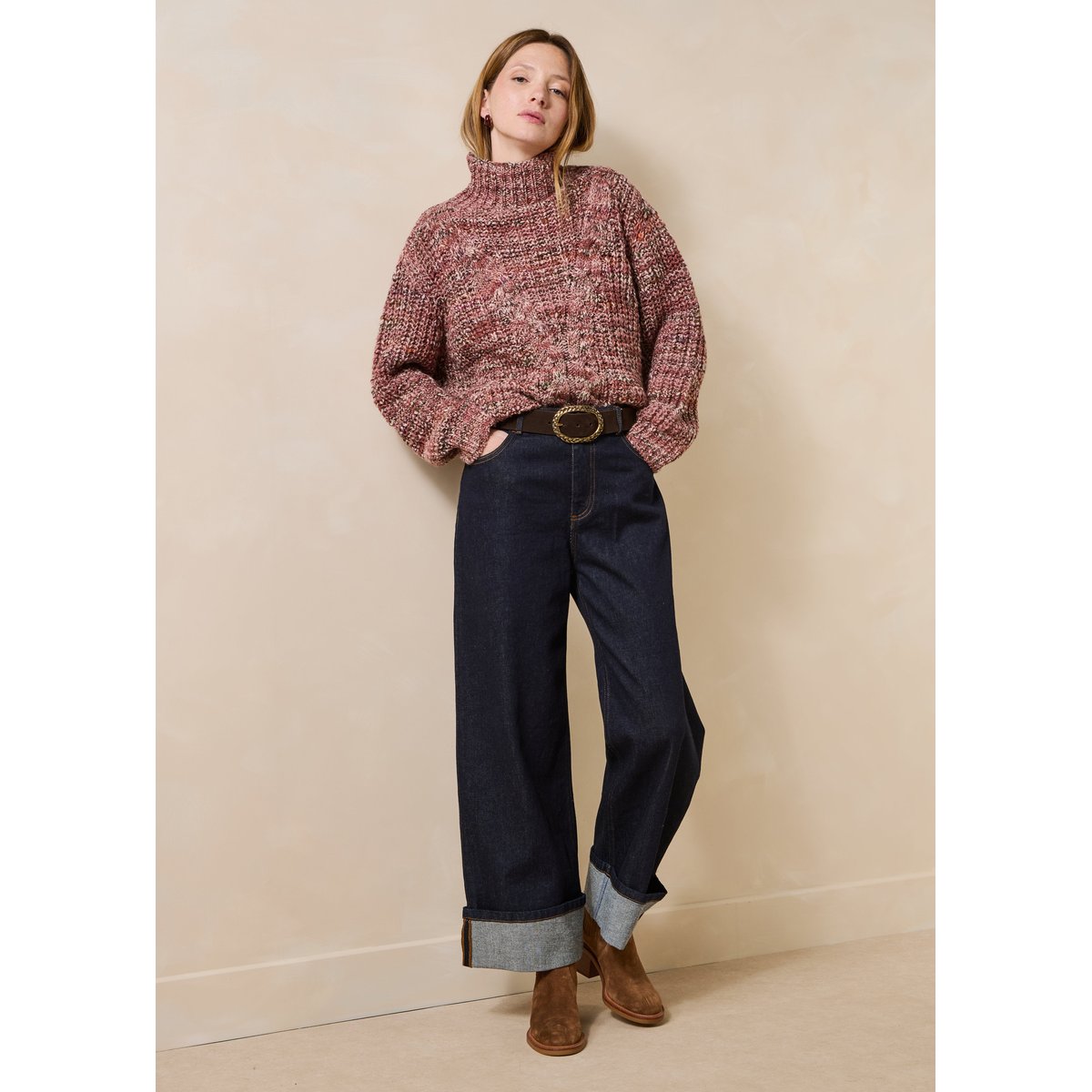 Pull manches longues col montant vieux rose, LA FEE MARABOUTEE
