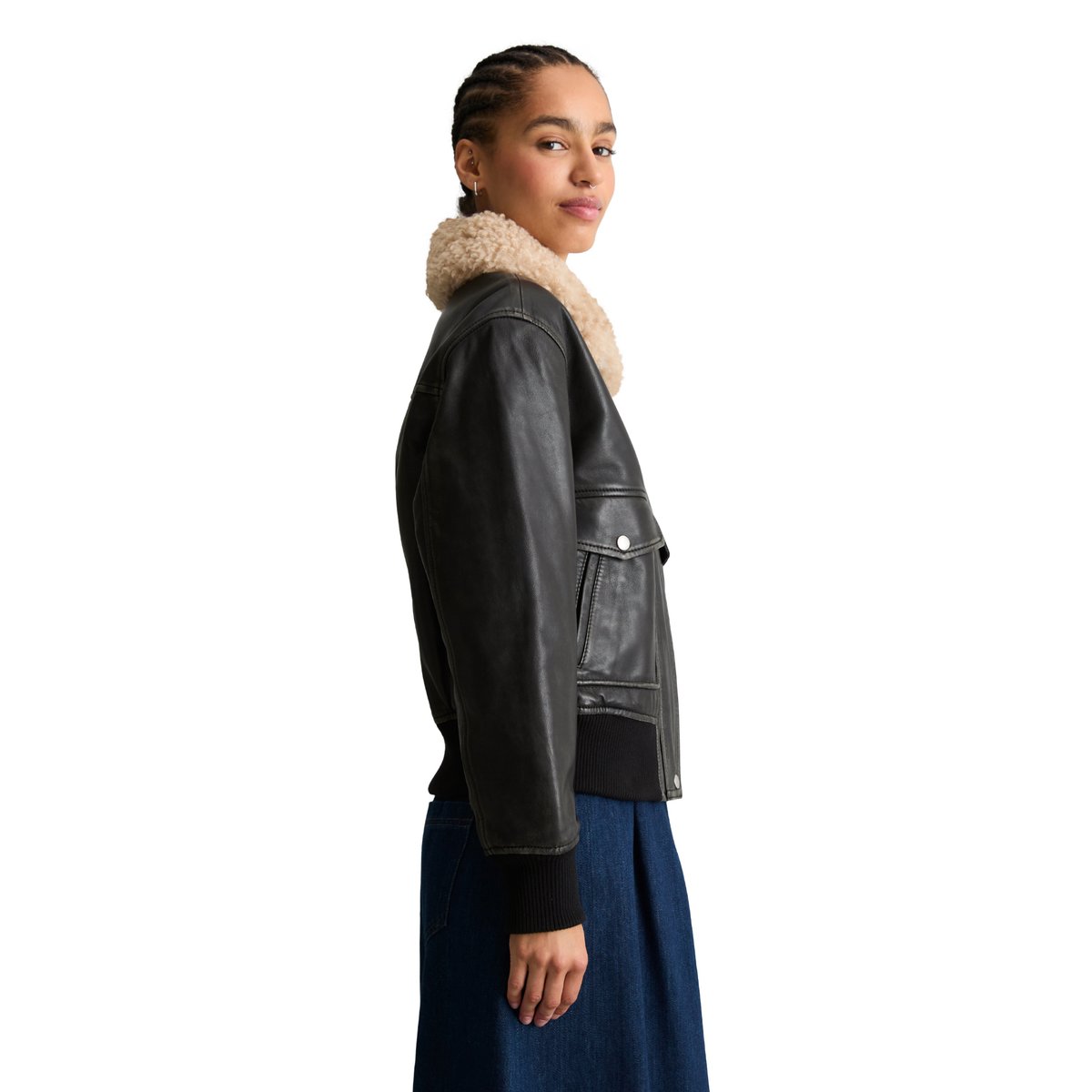 Veste en cuir style aviateur, coupe classique en cuir d'agneau nappa souple noir, MARC O’POLO DENIM