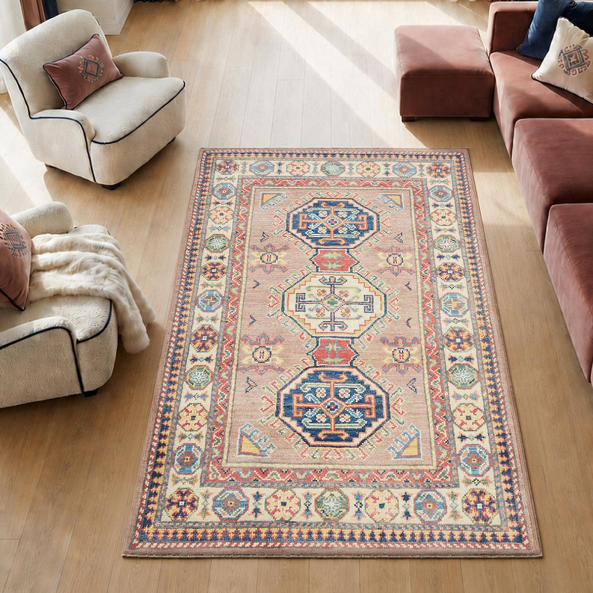 Tapis d'orient géométrique, noué main en laine, KAZAK CO 51 rose, bleu, crème, UN AMOUR DE TAPIS