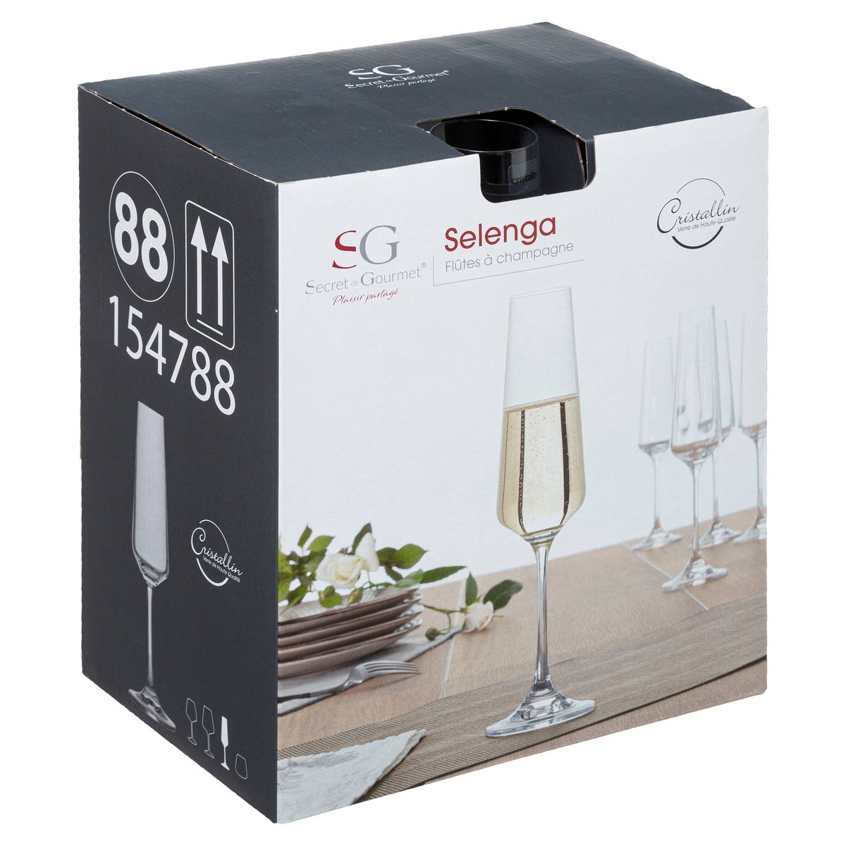 Lot de 6 flûtes à champagne en verre cristallin 16 cl SELENGA transparent, SECRET DE GOURMET