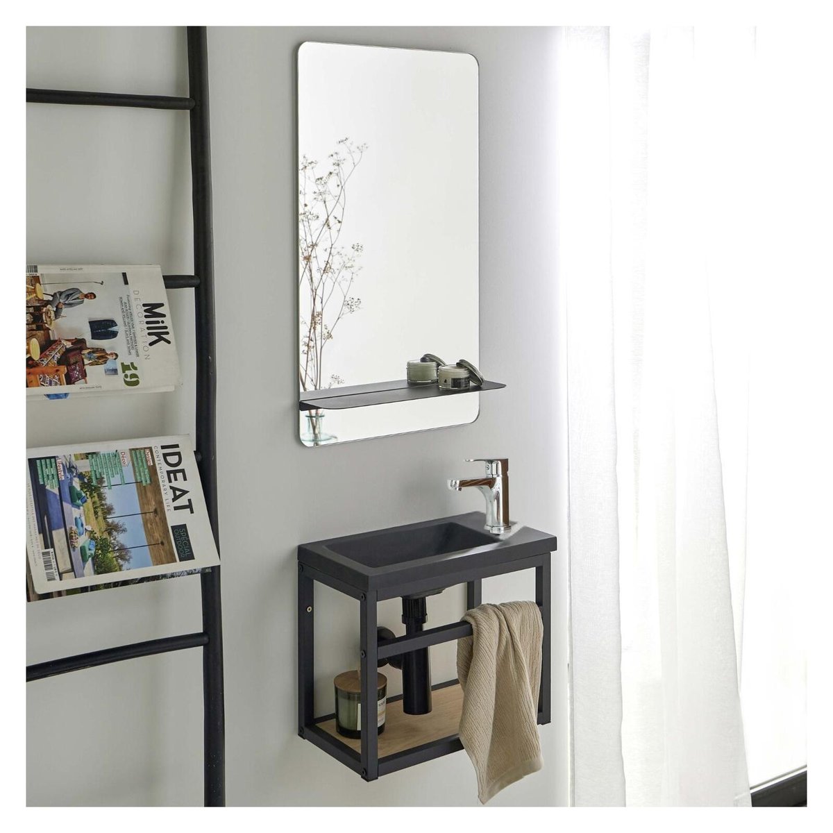 Ensemble lave-mains gain de place avec miroir tablette HAMPTON noir, MOB IN