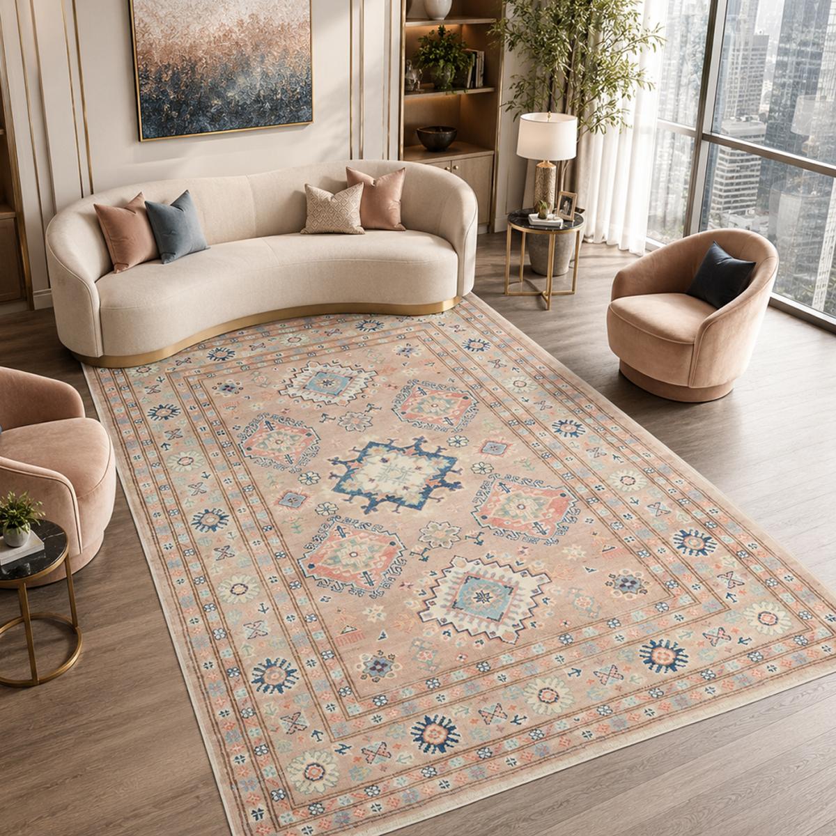 Tapis salon géométrique noué main, authentique en laine naturelle rose, bleu, ivoire, vert, UN AMOUR DE TAPIS
