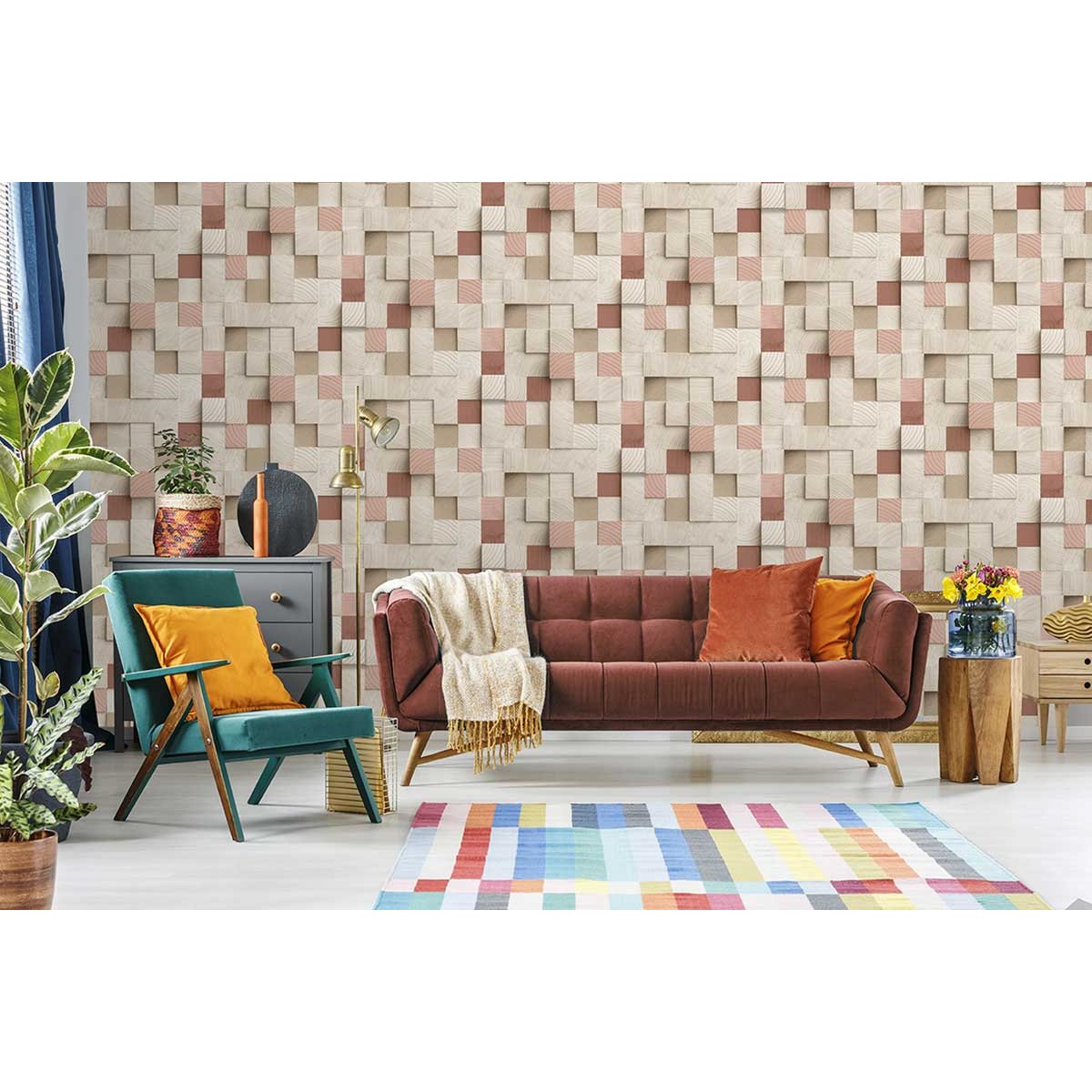 Papier peint bois mosaïque et touches rose poudré beige, HEXOA