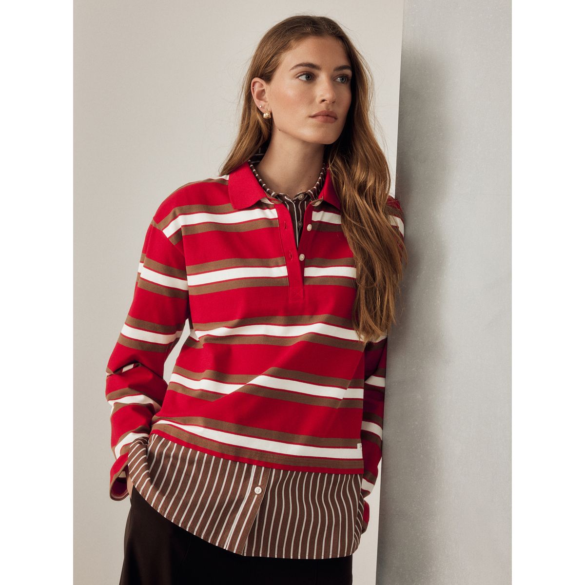 Polo effet superposé à rayures rouge/marron, NEXT