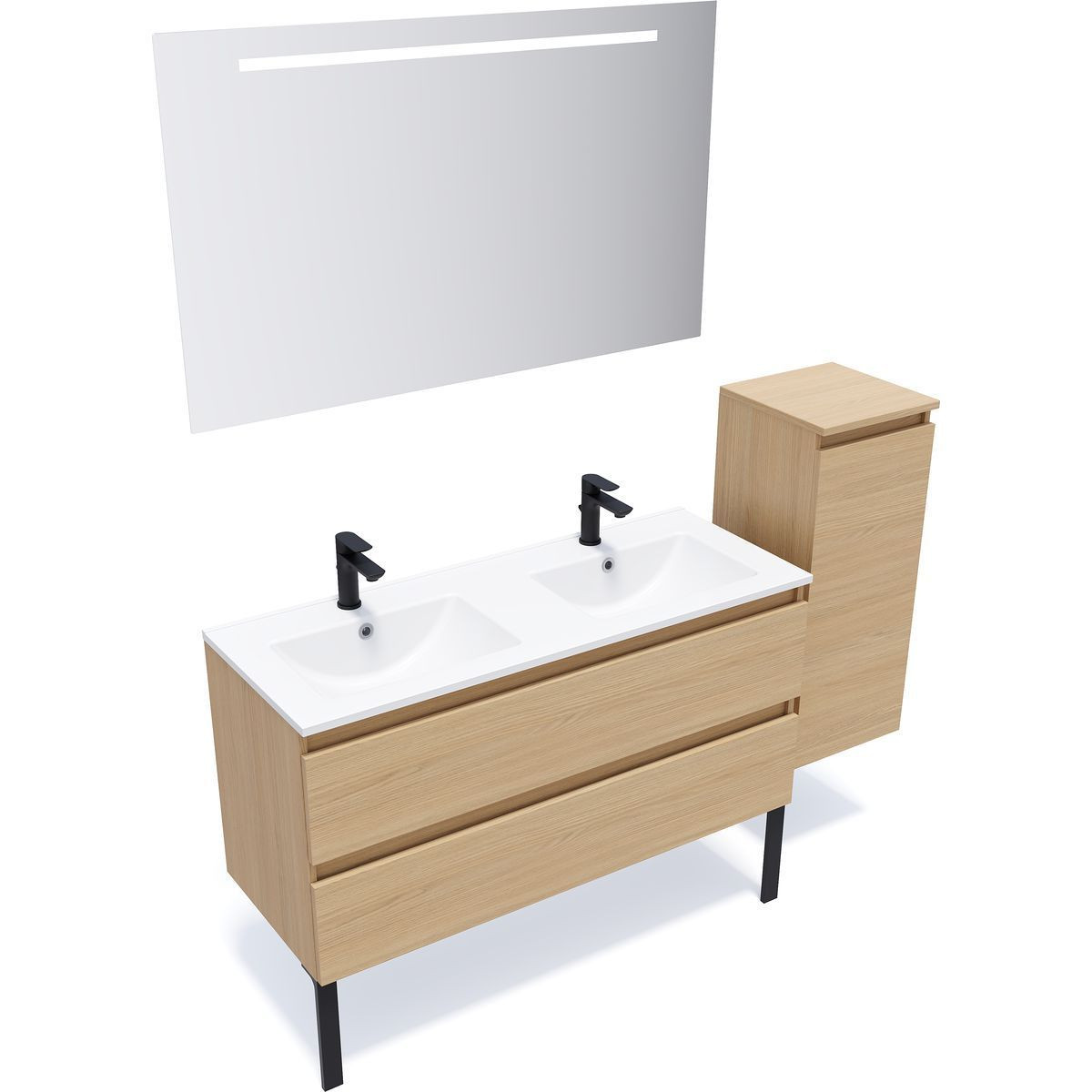 Ensemble double vasque 2 tiroirs + colonne à droite - HUDSON chêne clair, HOMIFAB