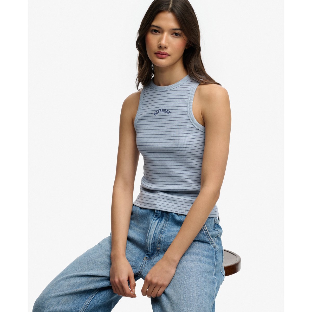 Débardeur Racer Essential Logo Coupe Ajustée rayure brume bleue, SUPERDRY