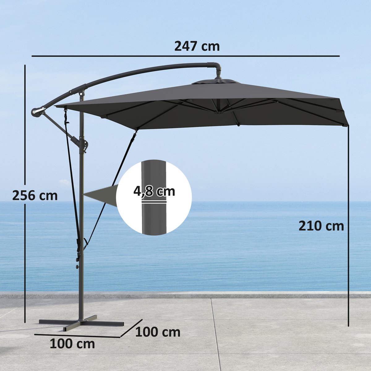 Parasol de terrasse à pied déporté Métal Gris gris, OUTSUNNY