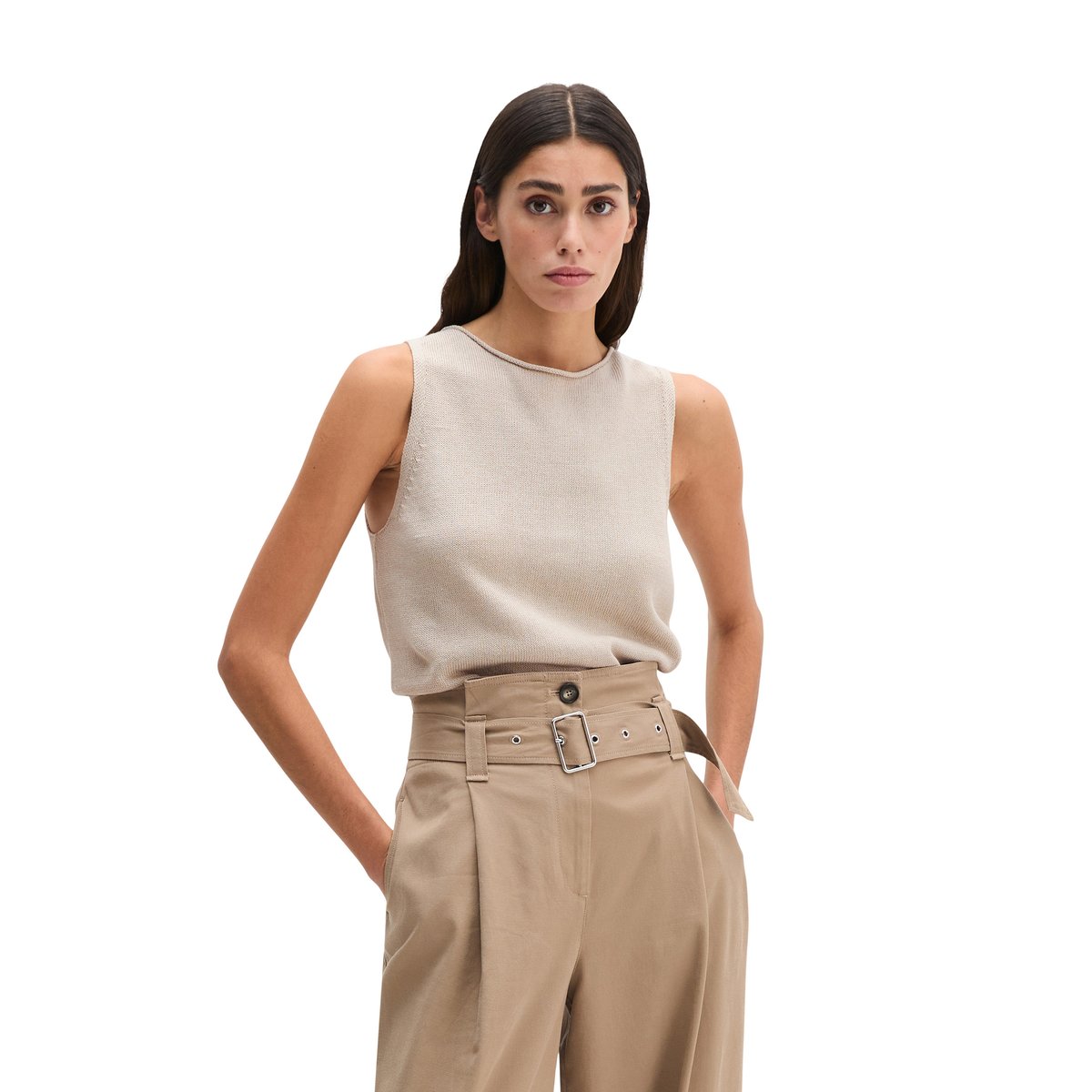Pull sans manches regular en mélange coton organique-lin gris clair, MARC O'POLO