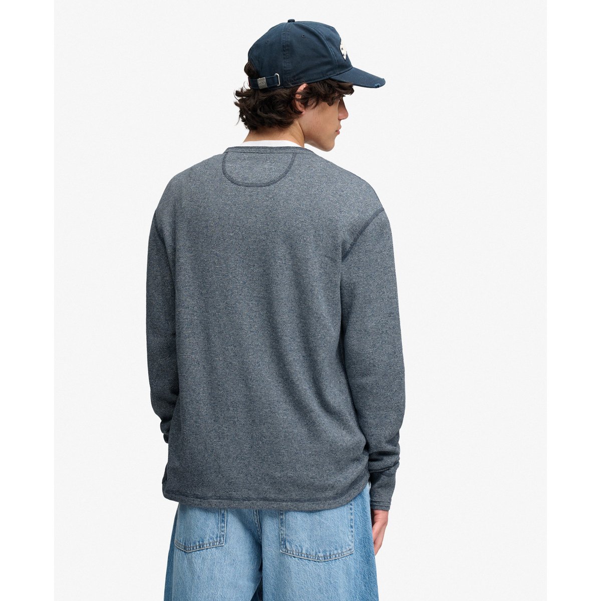 Haut Col Grand-Père Gaufré Mini Slub Manches Longues denim blue marl, SUPERDRY