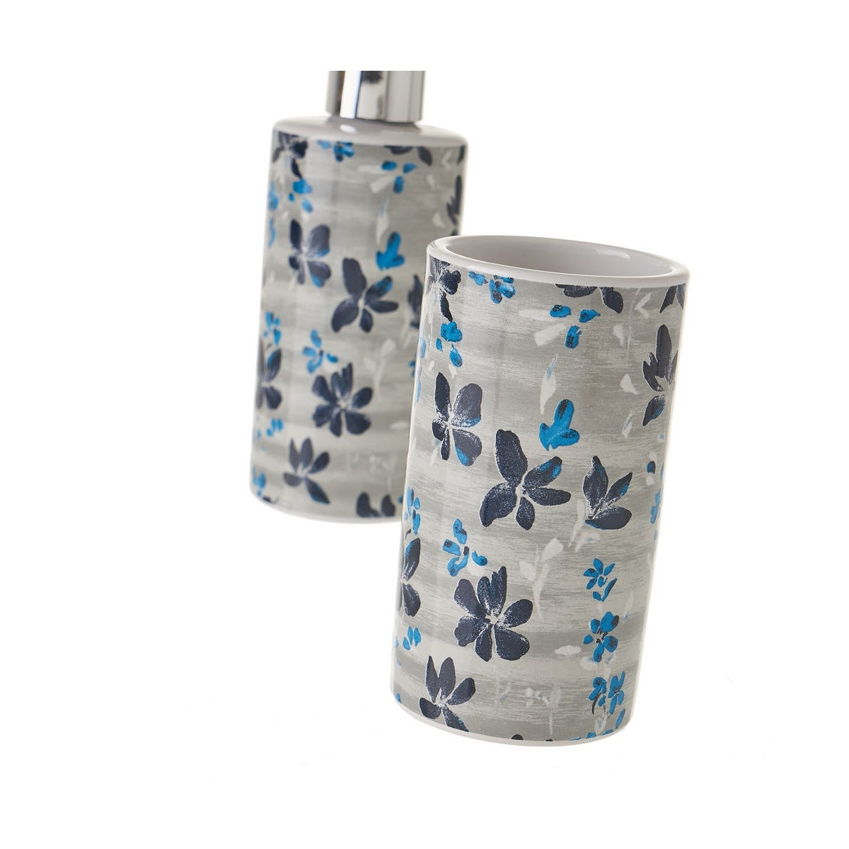 Set Salle de Bain Blanc et Bleu Floral - Distributeur Savon + Verre bleu & blanc, WADIGA