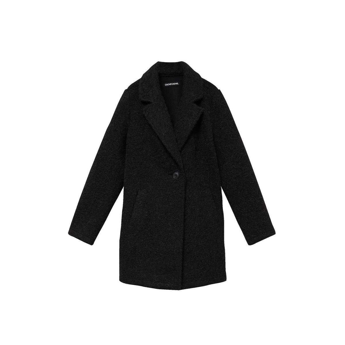 Manteau droit mi-long col tailleur noir, CACHE CACHE