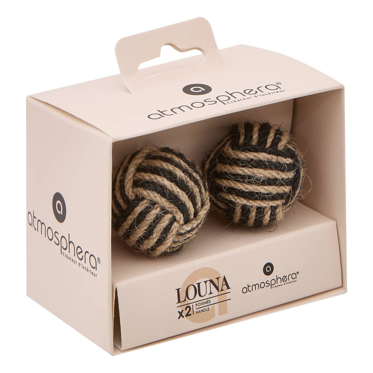 Lot de 2 boutons de meuble en jute LOUNA noir, ATMOSPHERA