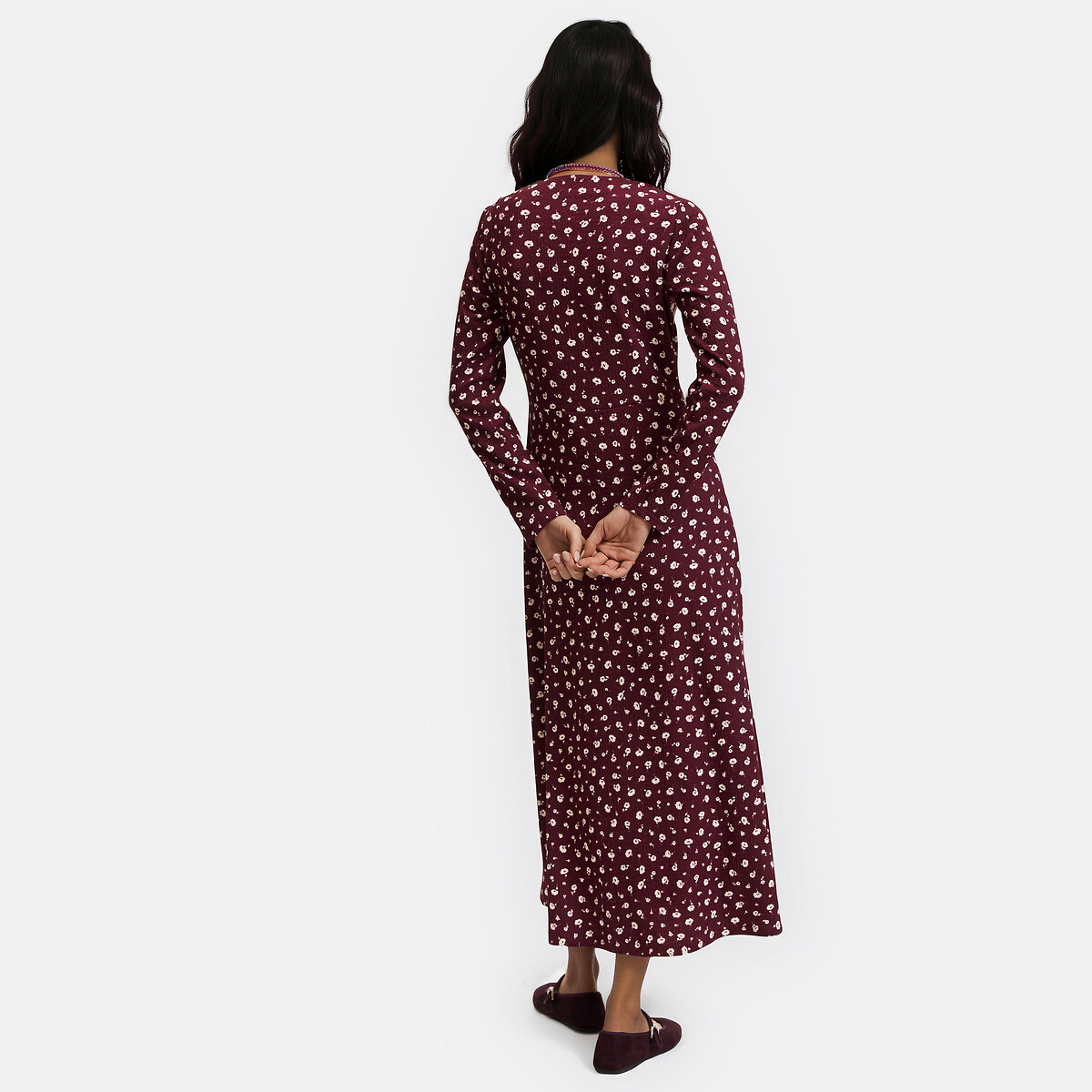 Robe longue imprimé floral évasée à col V et manches longues imprimé fleurs fond bordeaux, LA REDOUTE COLLECTIONS