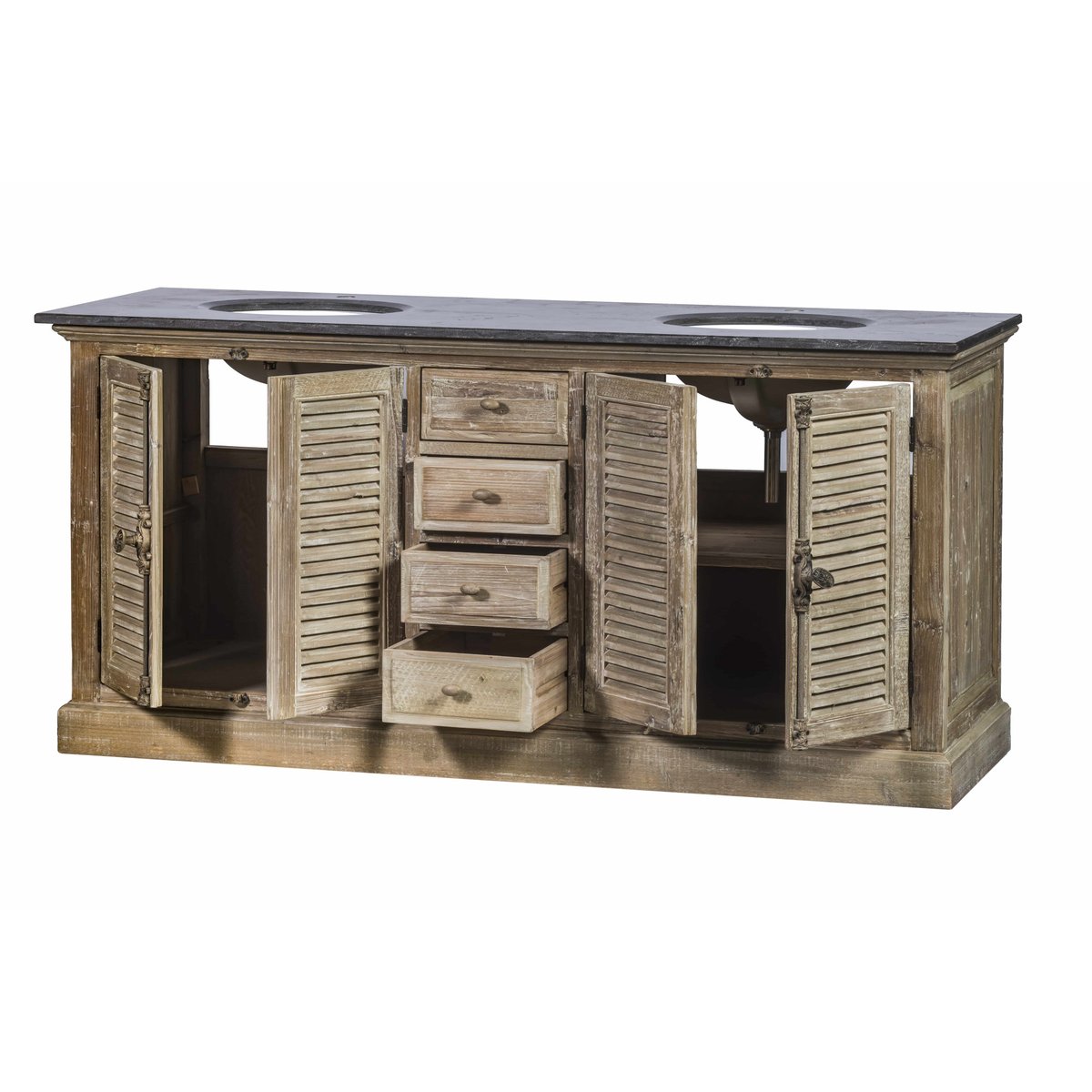 Meuble de salle de bain double vasque en bois et pierre L177 - HANOÏ bois foncé, HELLIN, DEPUIS 1862