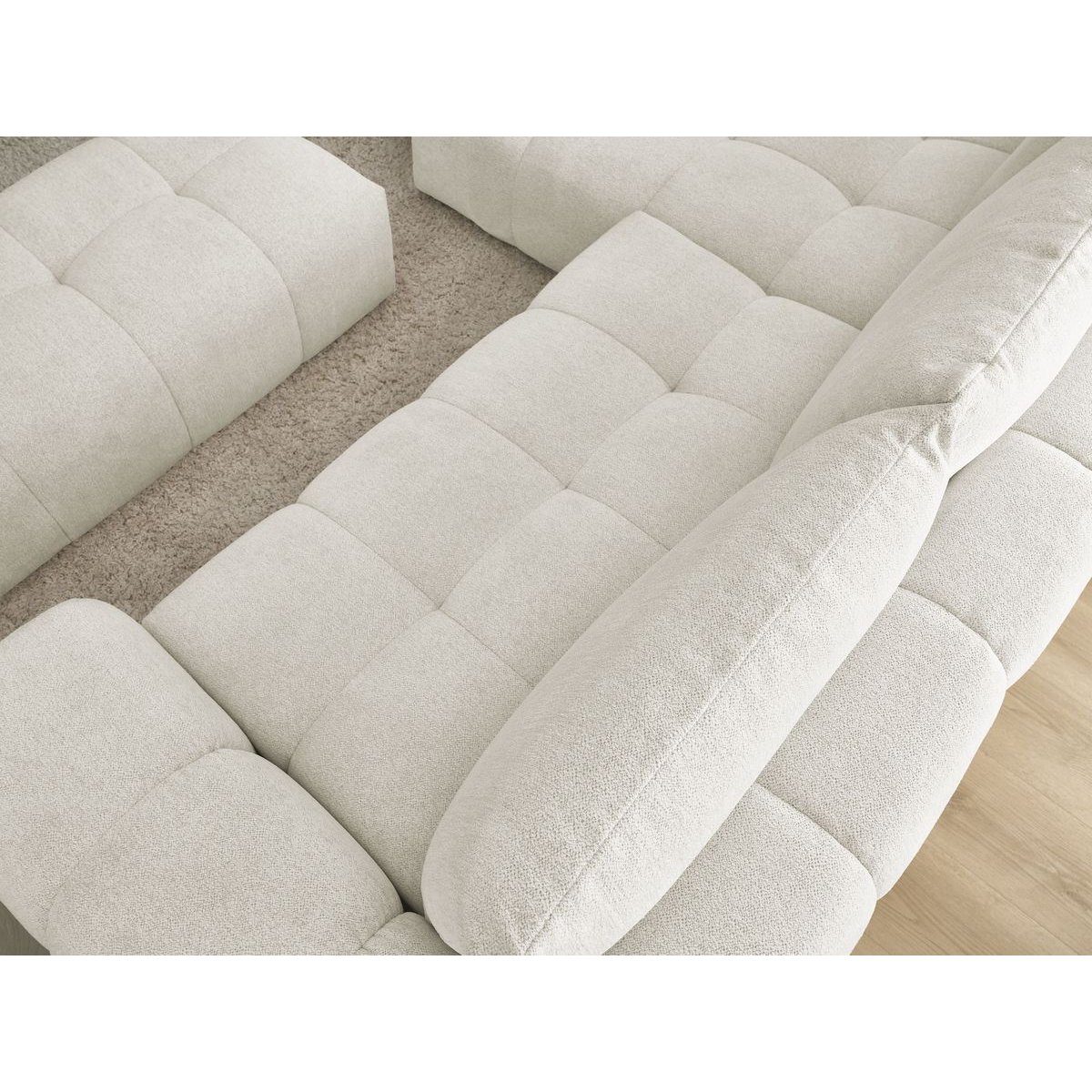 Canapé d'angle convertible 4 places en tissu chiné avec pouf, EVEREST blanc, BOBOCHIC