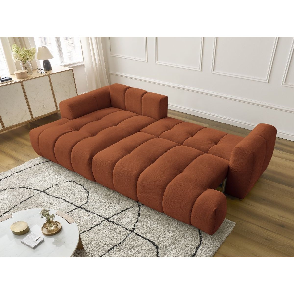 Canapé d'angle convertible 3 places en tissu lisse, FUJI orange, BOBOCHIC