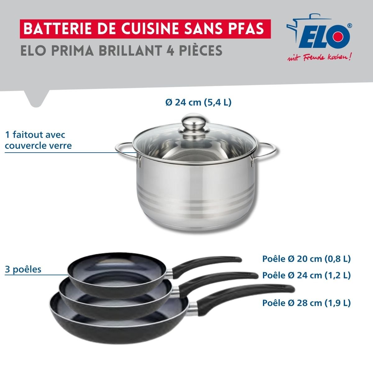 Batterie 3 poêles 20/24/28cm + 1 faitout 24cm PRIMA BRILLANT noir, ELO