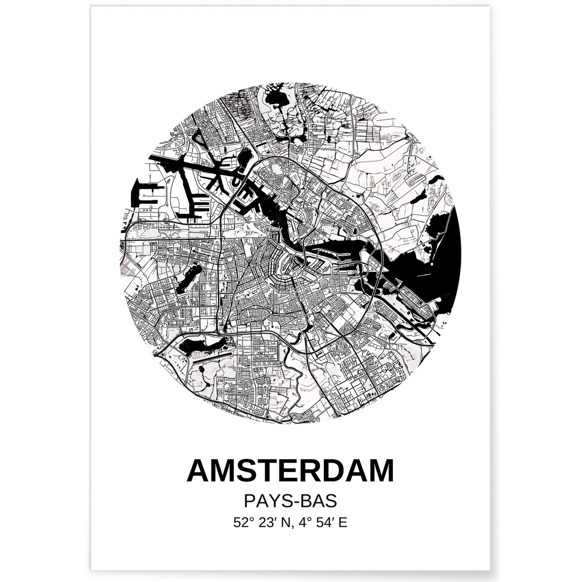 Affiche Carte Amsterdam blanc, L'AFFICHERIE