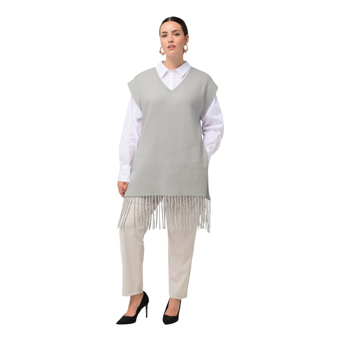 Pull sans manches oversized. Col en V et mélange d’argent, ULLA POPKEN