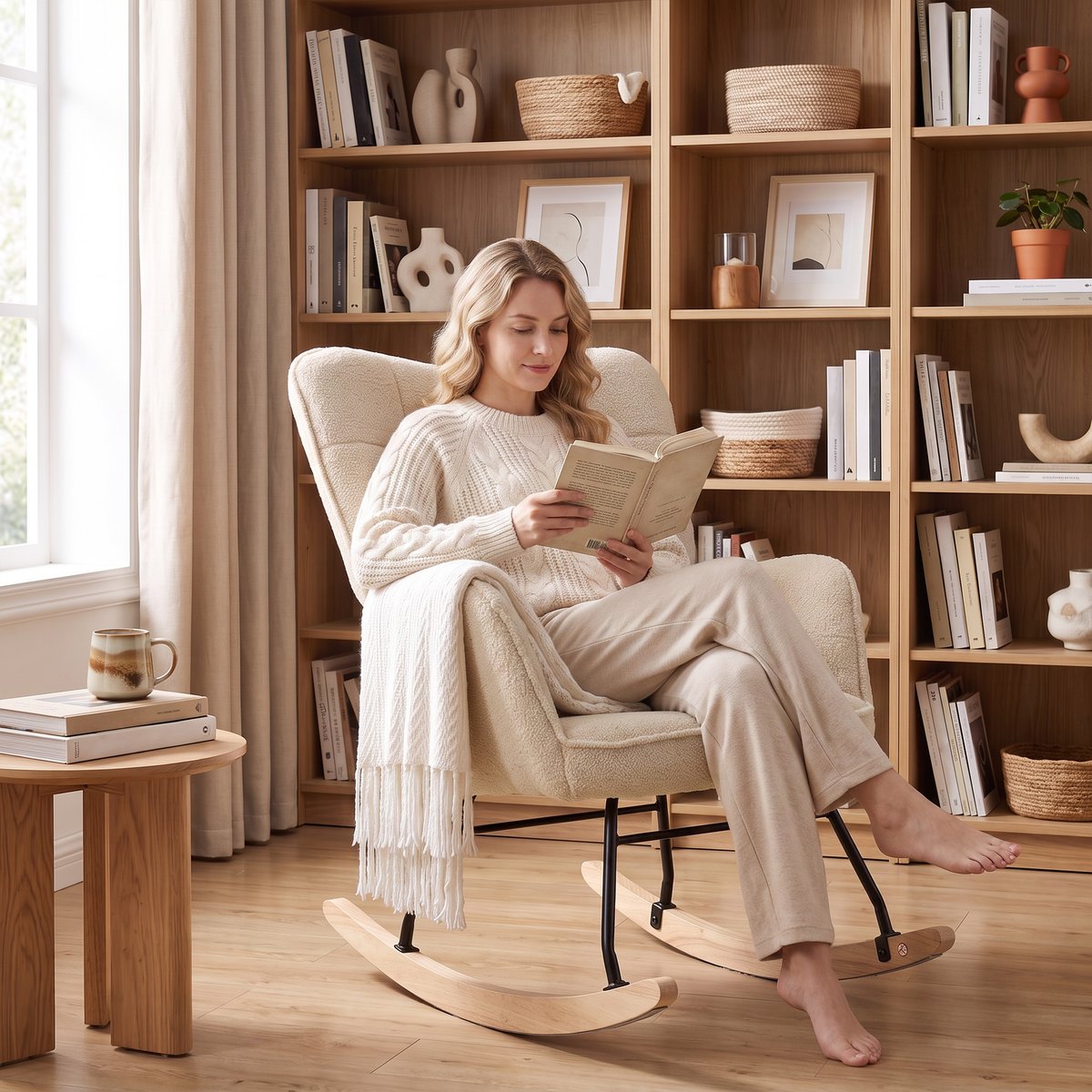 Fauteuil à bascule Revêtement bouclette Beige beige, HOMCOM