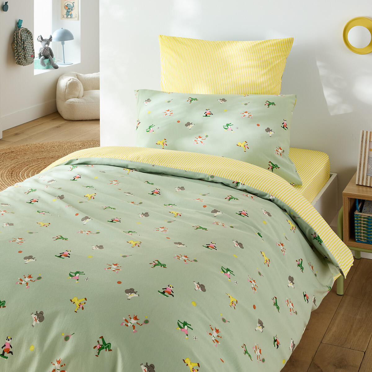 Funda de almohada infantil, 50% algodón reciclado, estampado de animales, ANIMAUX SPORTIFS verde azulado, LA REDOUTE INTERIEURS