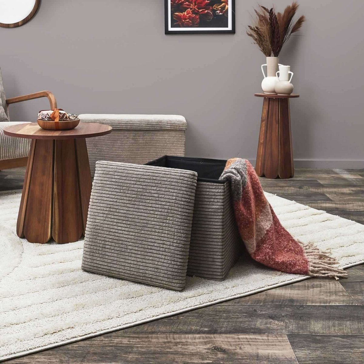 Pouf de rangement pliable en velours côtelé SCOTT taupe, THE HOME DECO FACTORY