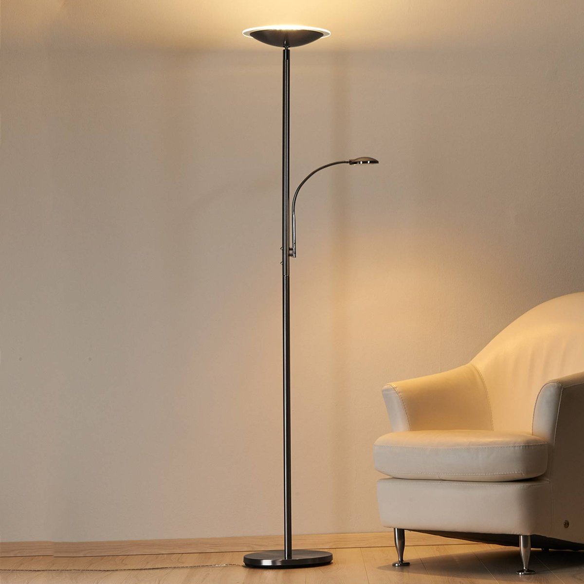 Lampadaire en métal moderneLED, Malea nickel mat, chrome, LINDBY