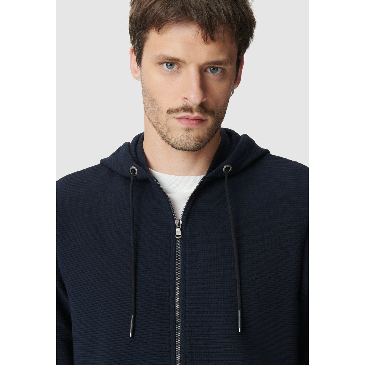 Cardigan coton bio maille Ottoman à capuche bleu marine, IKKS