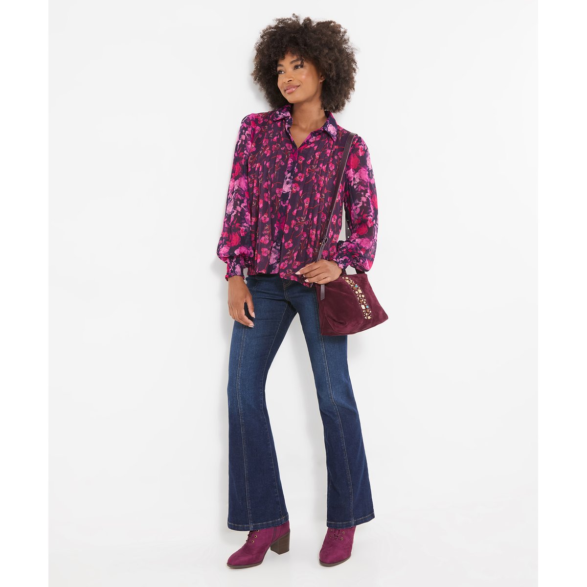 Blouse Fleurie à Col et Manches Ballon Penelope violet, JOE BROWNS