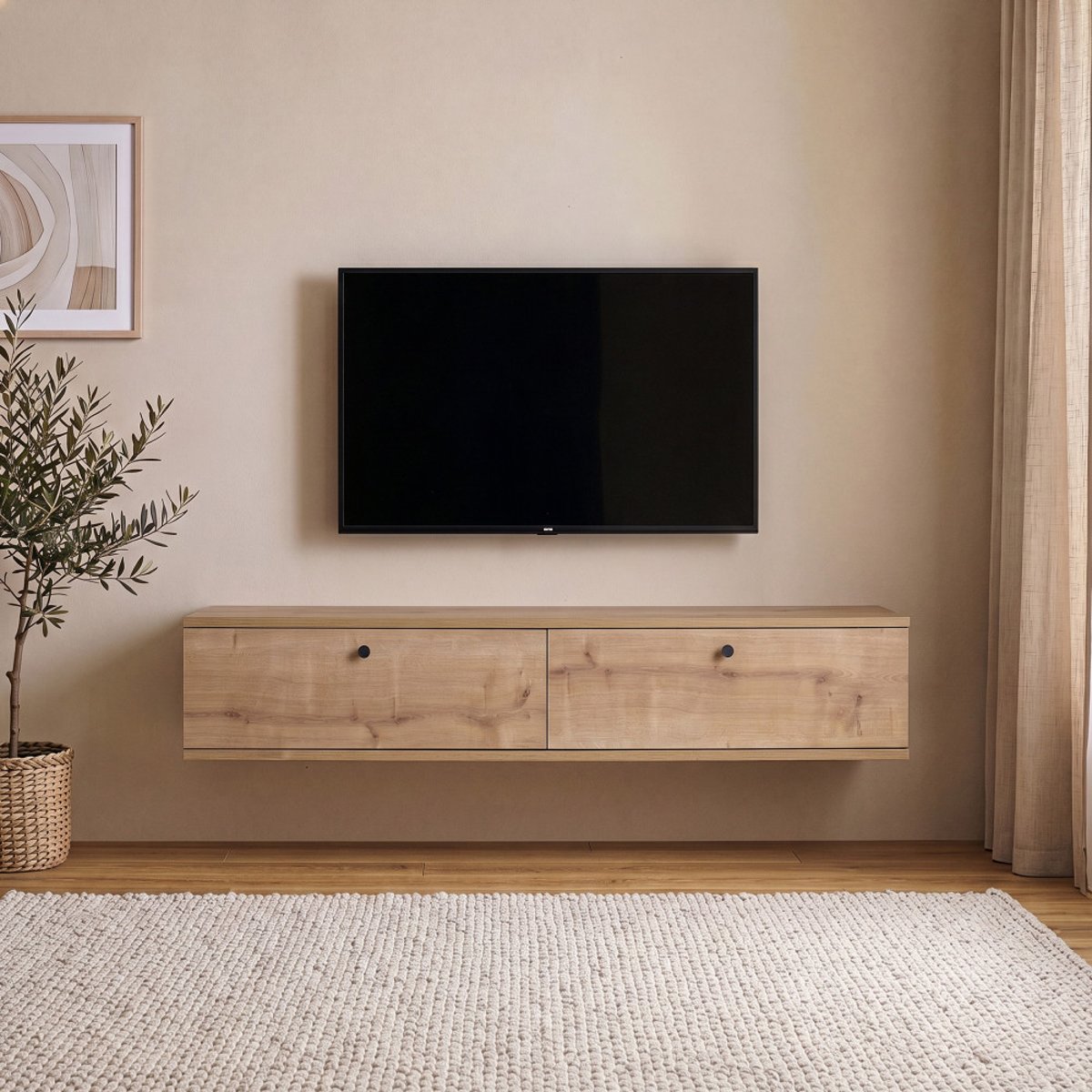Meuble tv suspendu 2 portes en bois L140cm- YARA bois clair, DRAWER