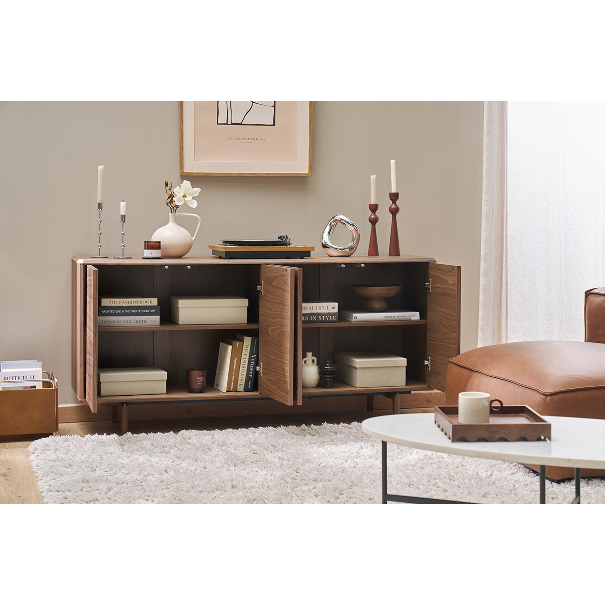 Buffet vintage en bois foncé noyer 4 portes L160 cm SUVA noyer, MILIBOO