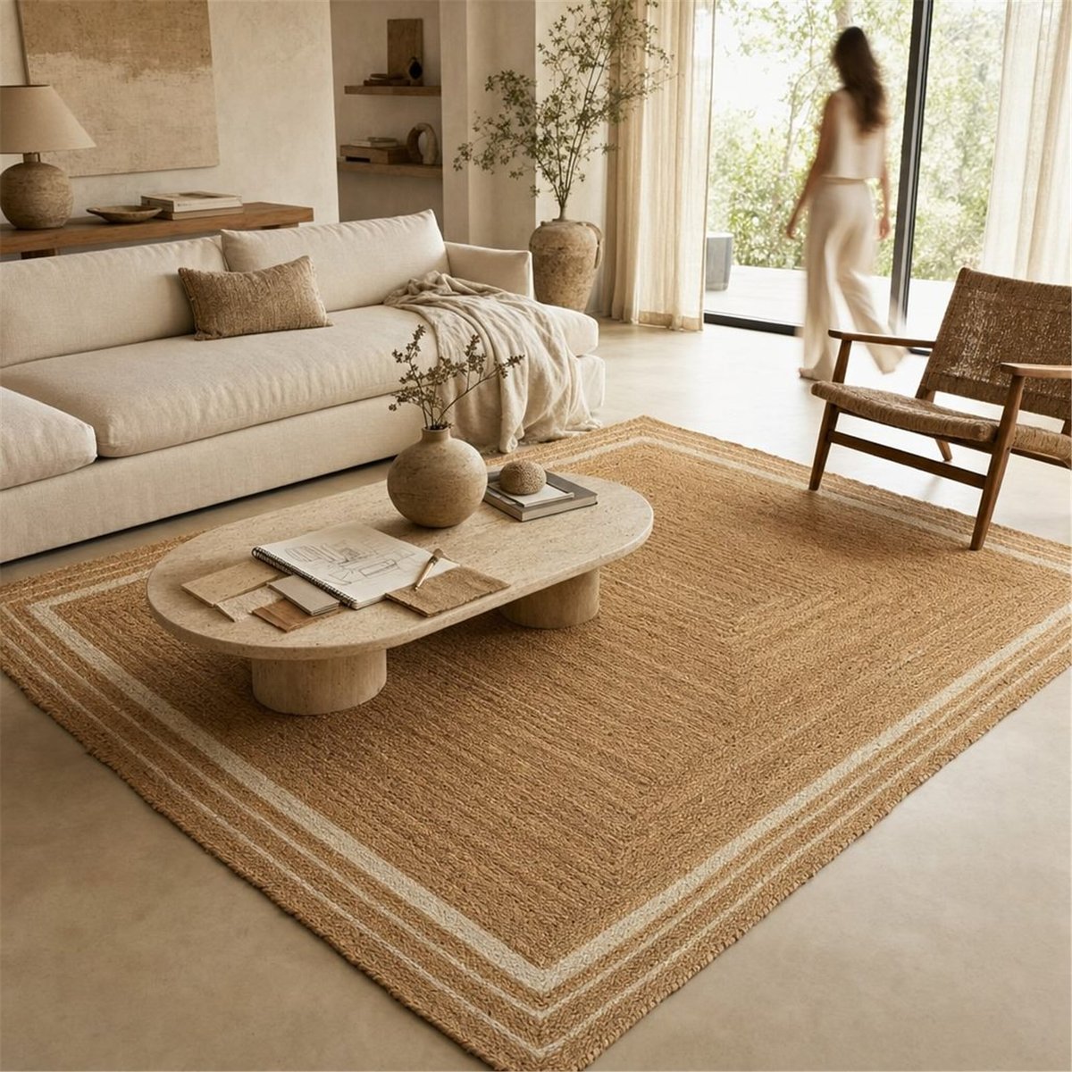 Tapis en jute tressé à liserés naturel et blanc, RECOLLECTION