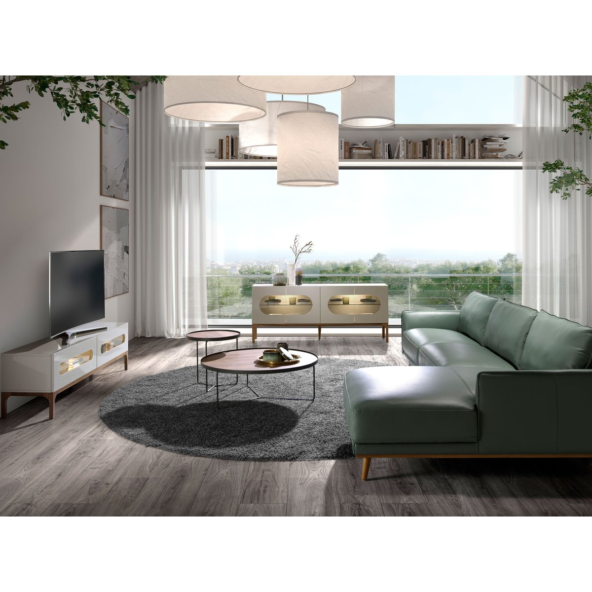 Meuble TV en bois gris et noyer avec éclairage intérieur gris | noyer, ANGEL CERDA