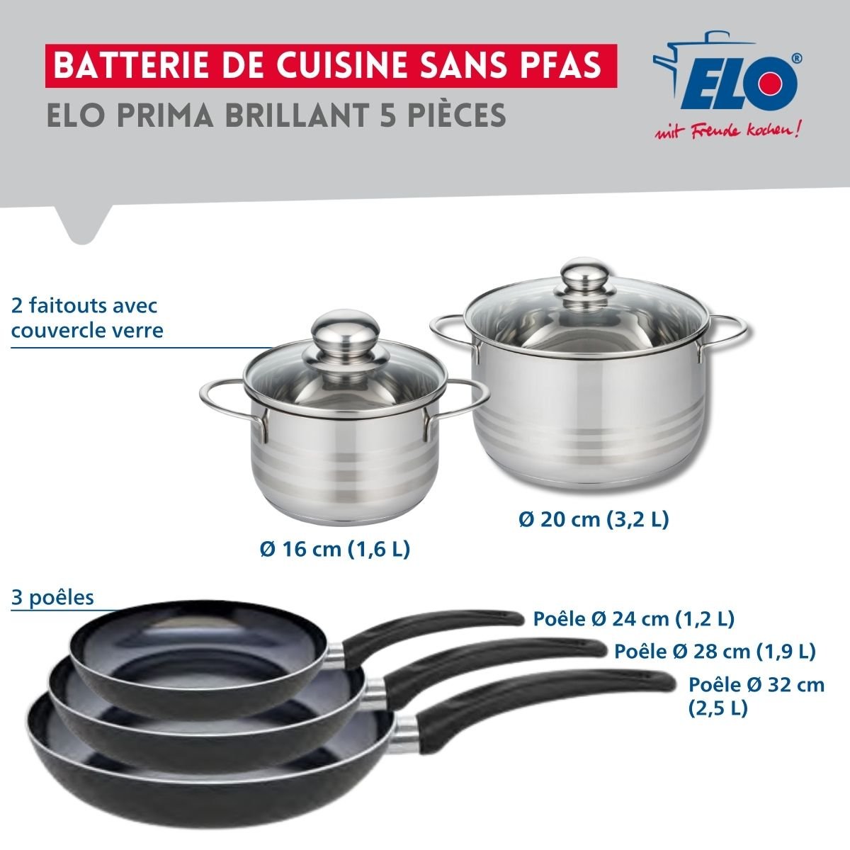 Batterie 3 poêles 24/28/32cm + 2 faitouts 16/20cm PRIMA BRILLANT noir, ELO